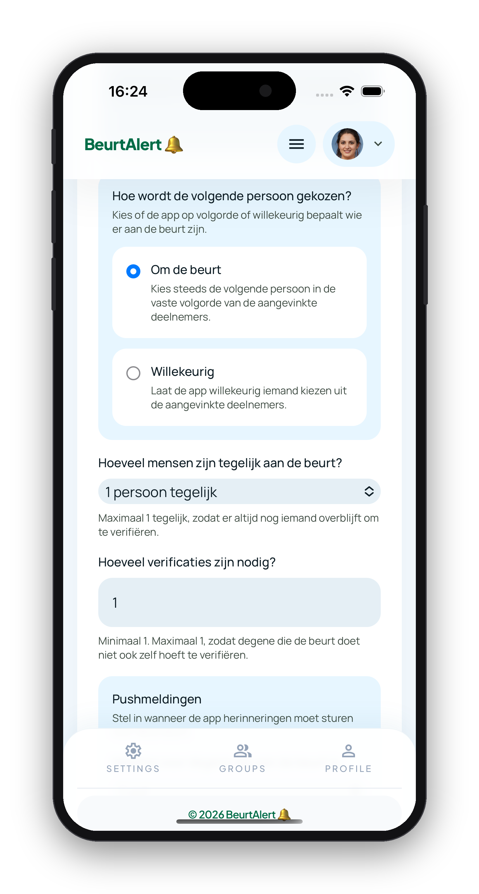 BeurtAlert scherm voor het tweede deel van een alert aanmaken