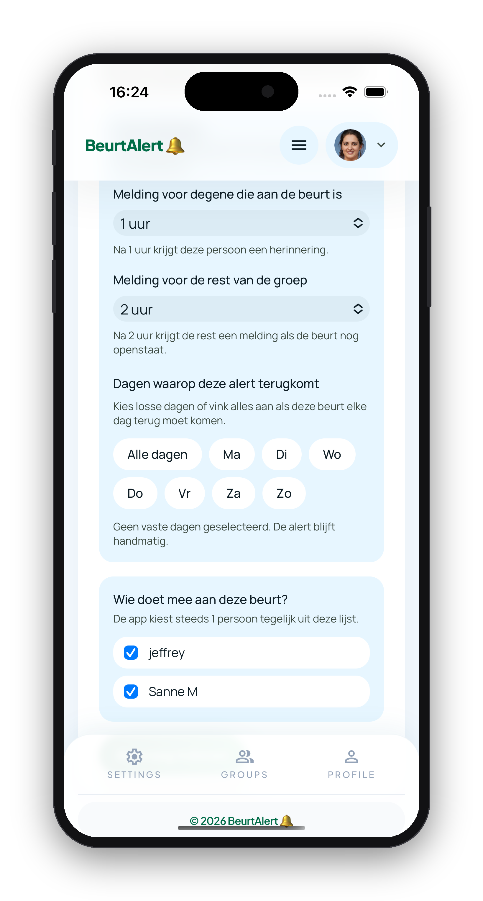 BeurtAlert scherm voor het derde deel van een alert aanmaken