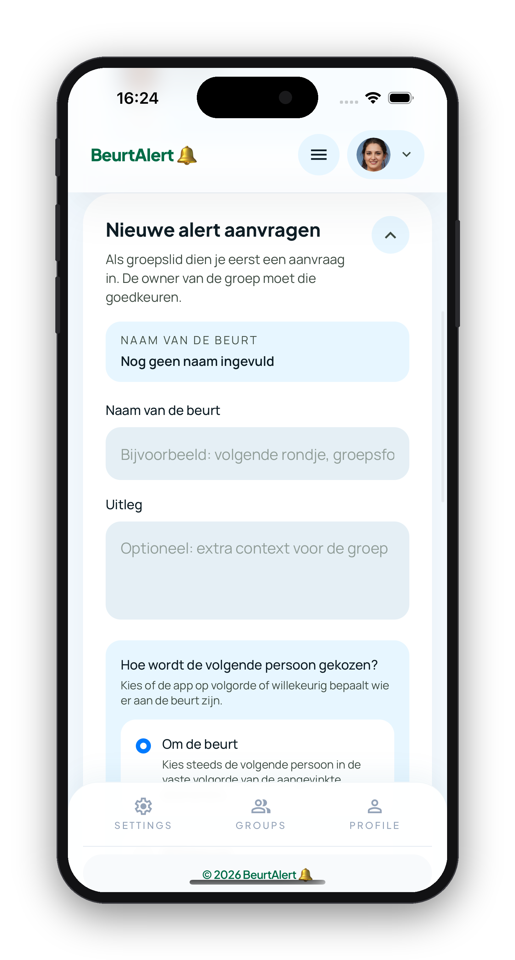 BeurtAlert scherm voor het eerste deel van een alert aanmaken