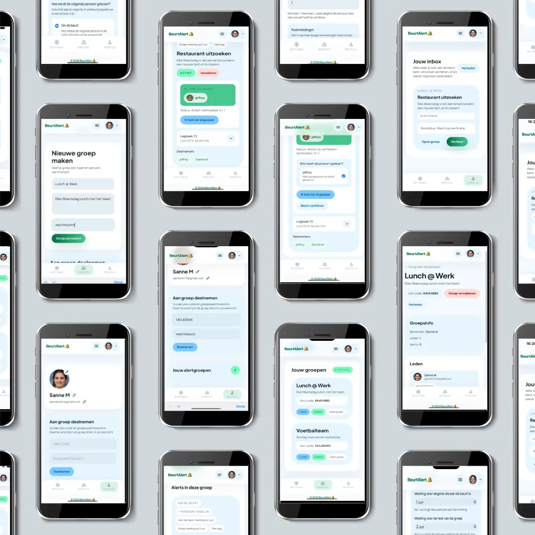 Collage van BeurtAlert schermen op iPhones